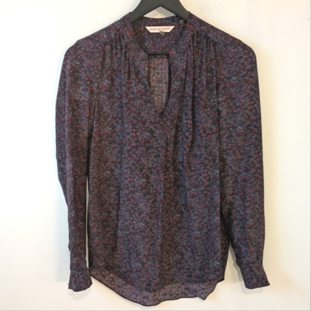 Rebecca Taylor 100% Silk Women's Dark Romantic Ditsy Floral Popover Blouse 2